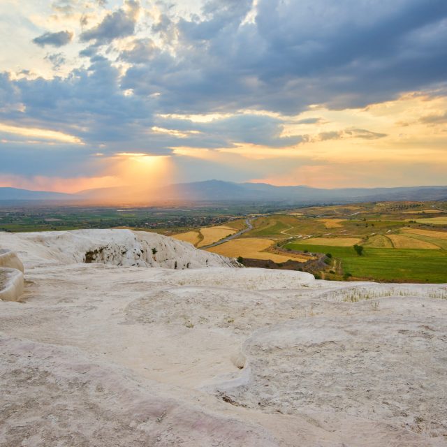 landscape of pamukkale, turkey. Sunset at pamukkale turkey
